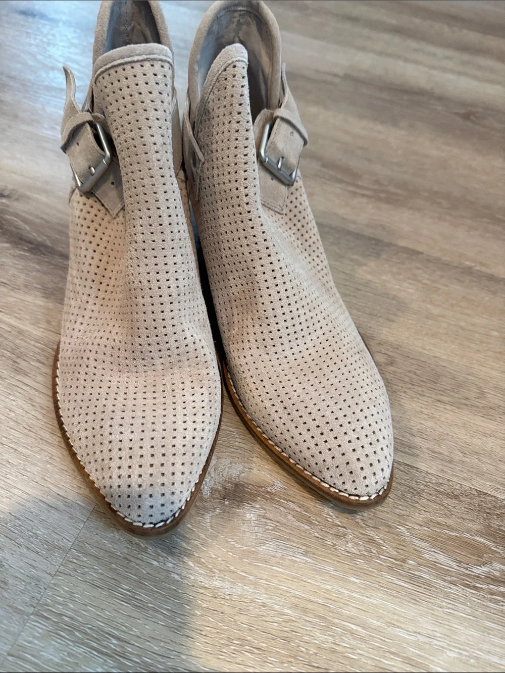 Dolce Vita Perforated Suede Ankle Booties in Taupe